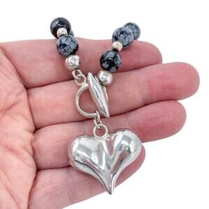 Estate Sterling Silver 925 Snowflake Obsidian Heart Toggle Necklace 18"
